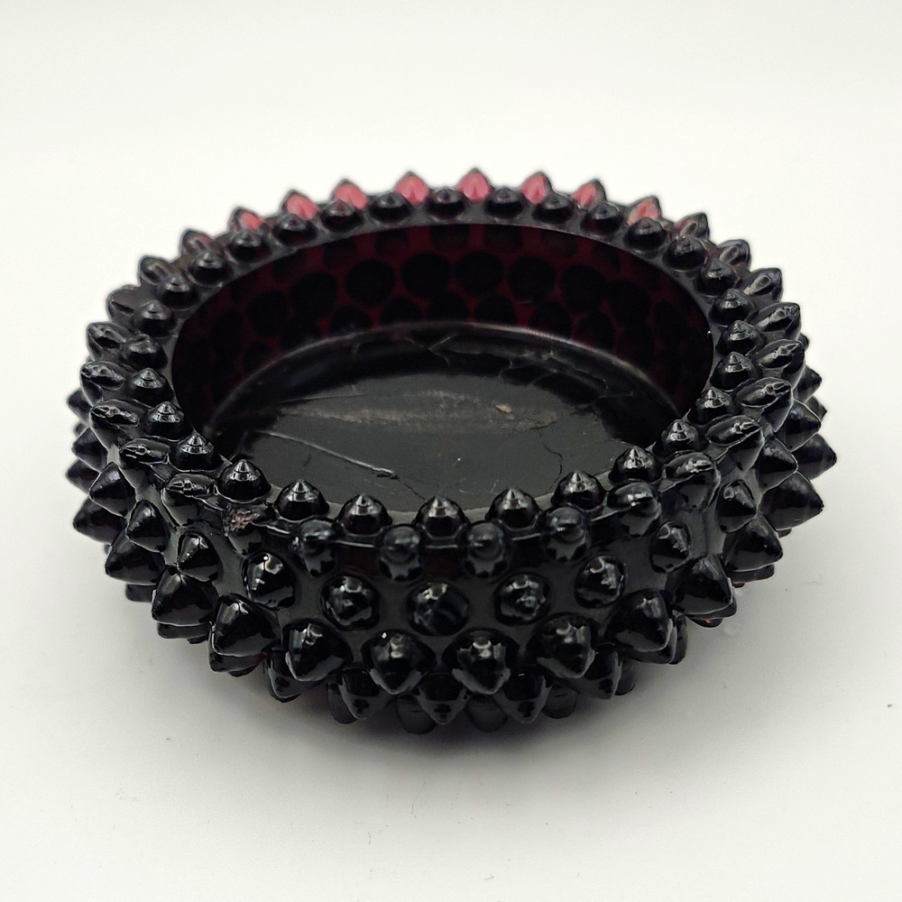 Vintage Black Amethyst Hobnail Pressed Glass Ashtray salt cellar trinket dish 3"